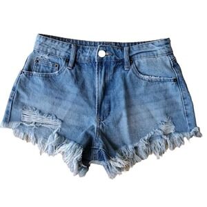 Rue21 short Women 6 Blue Denim‎ Mid Rise Distressed Cut Off 28X3 Vacation